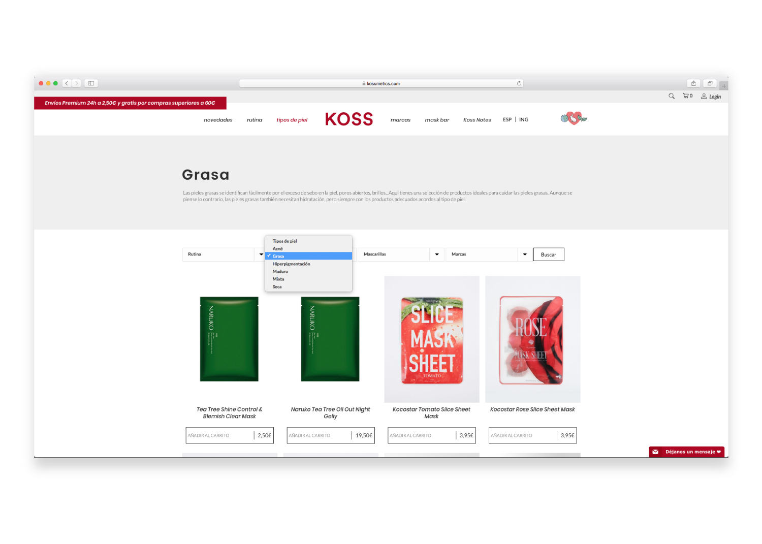 Ficha de producto de Koss, tienda de cosmética